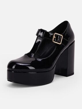 COUTGO 🖤BLACK🖤 PATENT T-STRAP BLOCK HEEL PLATFORM SHOES SIZE 9 🌟LIKE NEW🌟